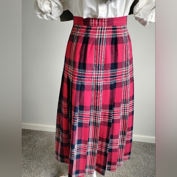 Pendleton Vintage 80s Wool Pleated Maxi Skirt Preppy Navy Blue Red Plaid Size 8 - Picture 3 of 15